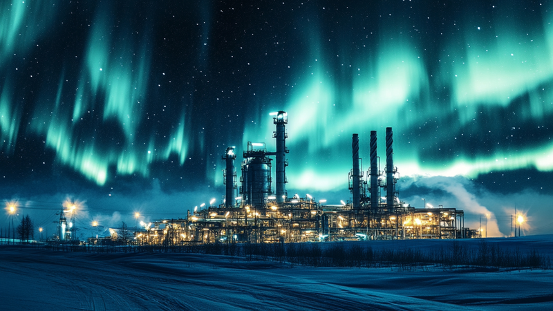 Industrial plant with starry sky and aurora borealis