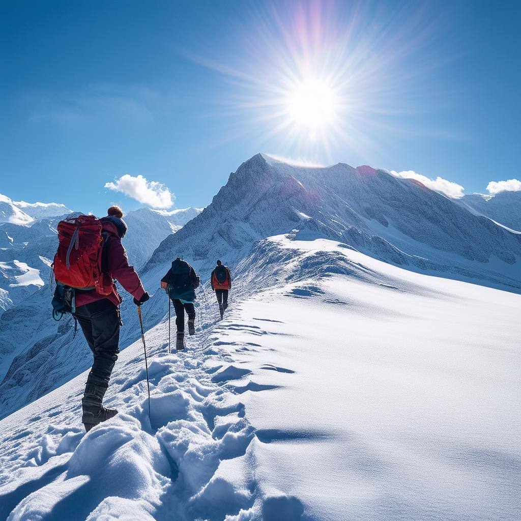 hikers climbing up a snowy mountain