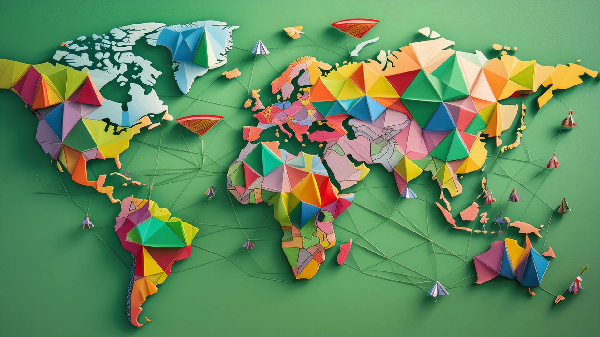 World map comprising of many colour asymmetric shapes creating patterns