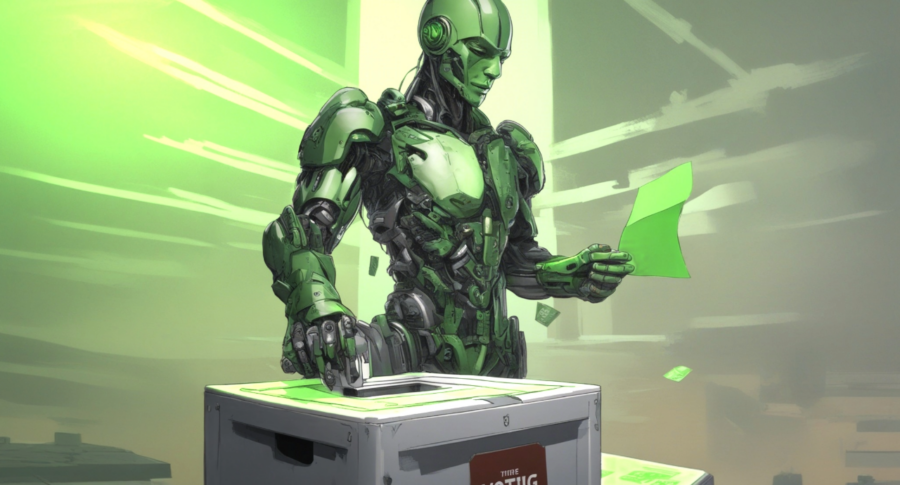 Slightly menacing green robot standing about polling booth